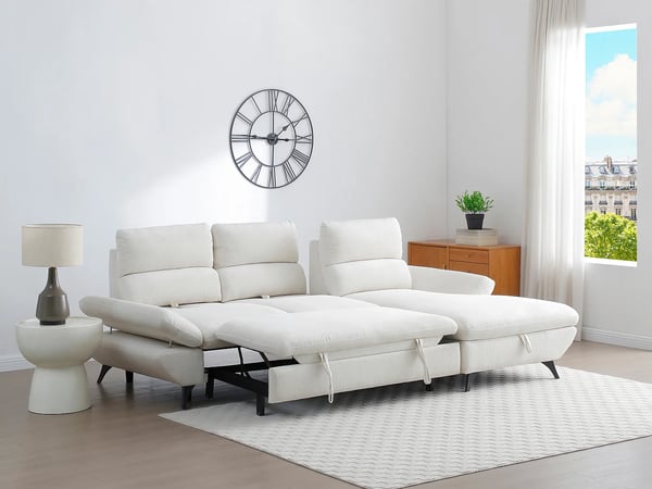 Liori - Canapé d'angle convertible droit 5 places velours côtelé beige dossier avance-recule