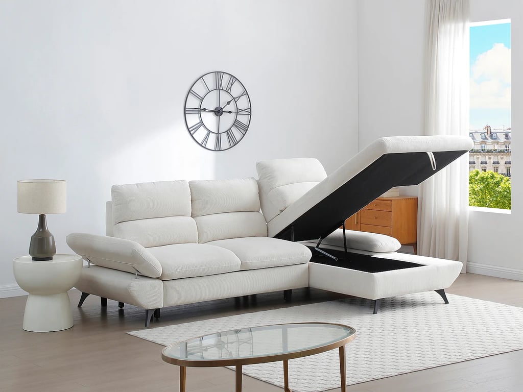 Liori - Canapé d'angle convertible droit 5 places velours côtelé beige dossier avance-recule - Vue supplémentaire 1