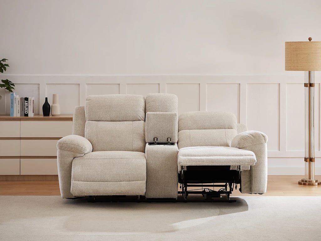 Canapé 2 places relax électrique avec tablette en tissu chiné beige KELUNO