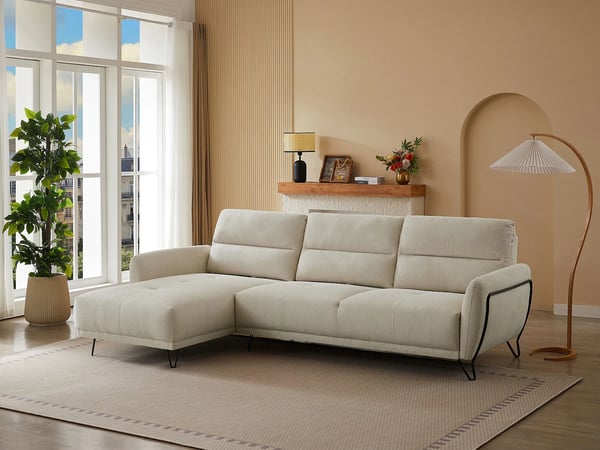 Durima - Canapé d'angle gauche 5 places tissu texturé beige dossier avance-recule