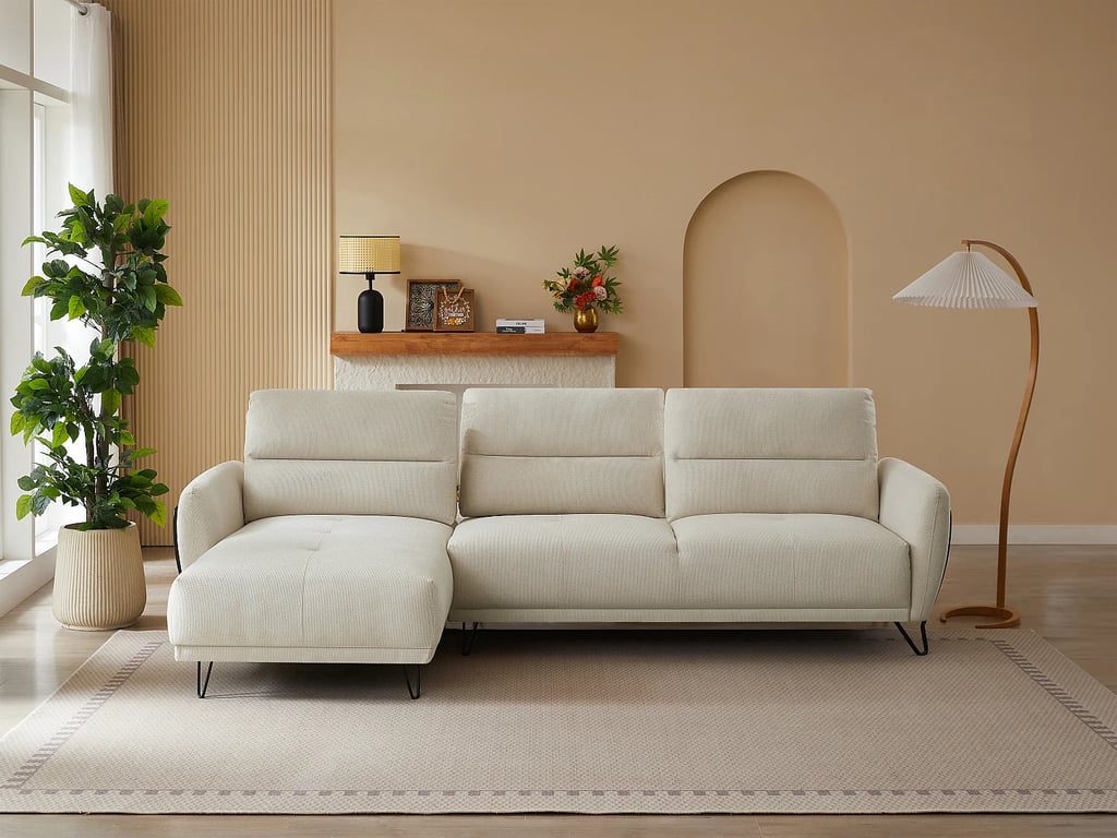 Durima - Canapé d'angle gauche 5 places tissu texturé beige dossier avance-recule - Vue supplémentaire 3