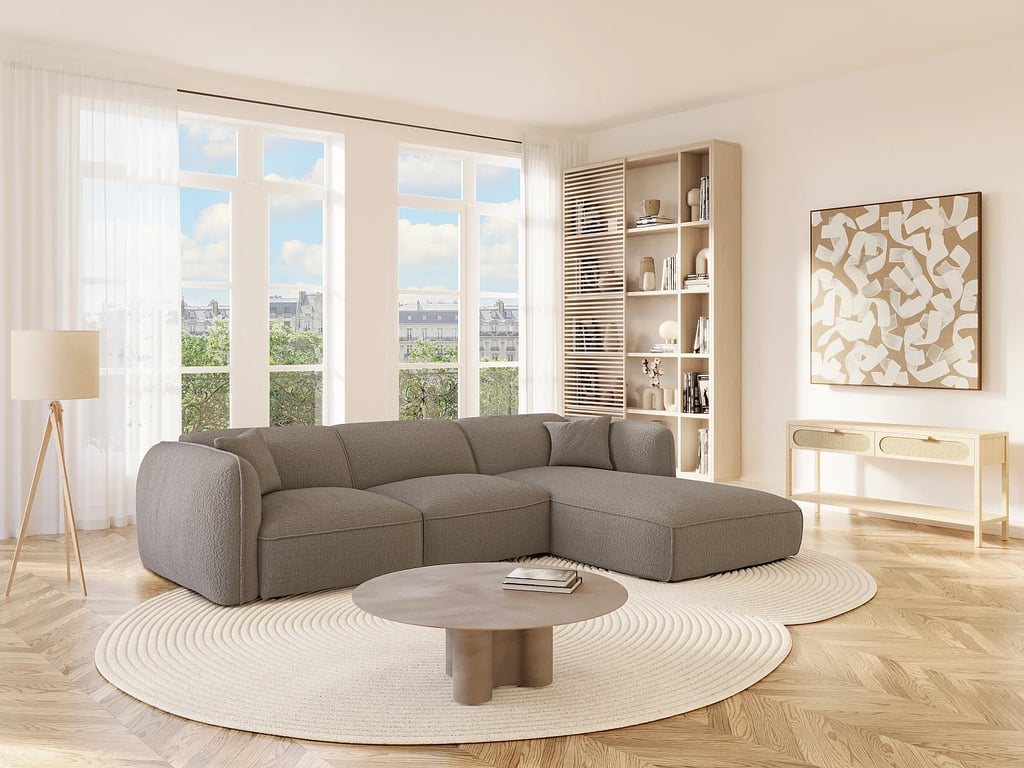 Camilio canapé d'angle droit 5 places tissu texturé taupe - Vue supplémentaire 2
