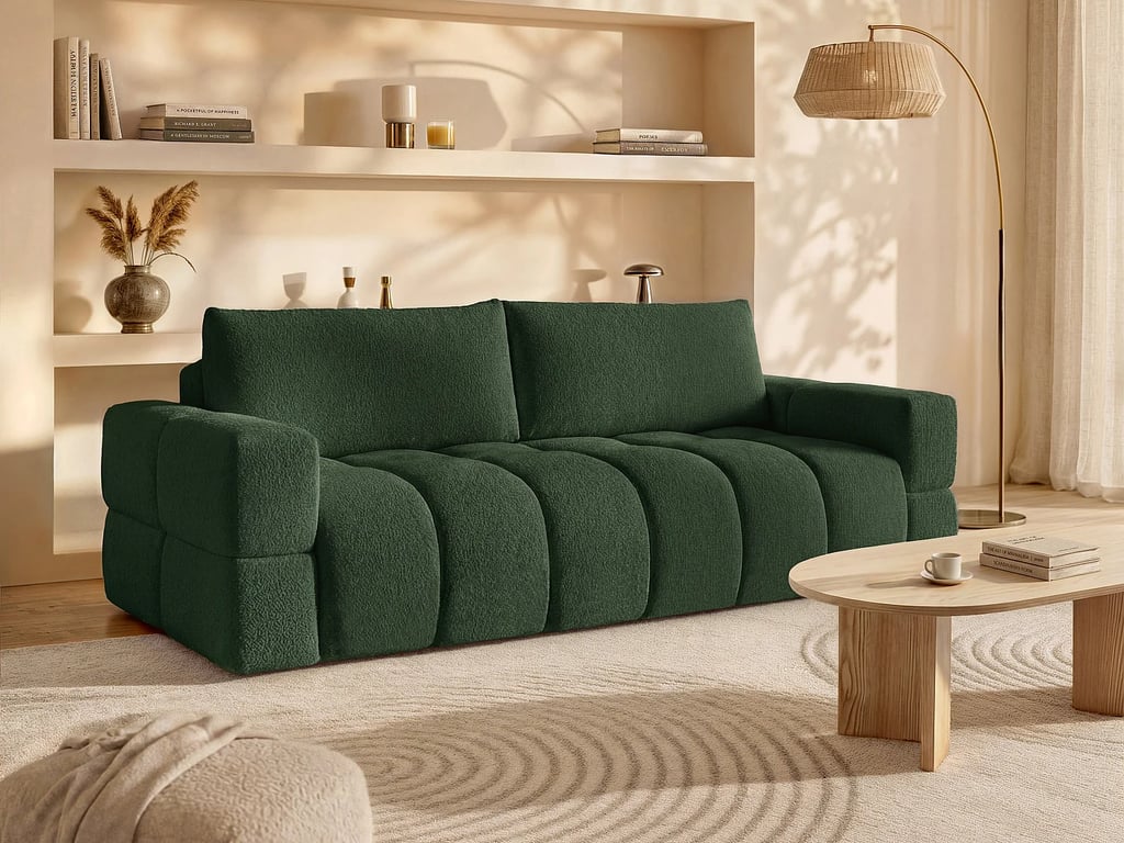 Canapé 3 places convertible en tissu bouclette vert ISSORO II