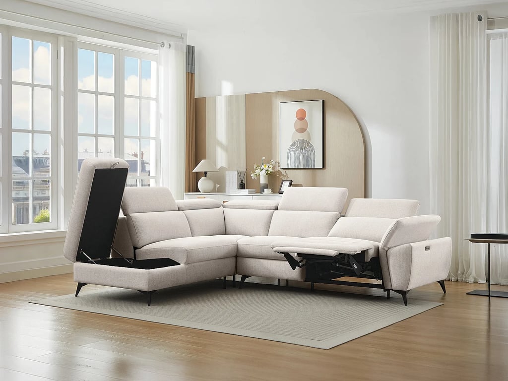 Cadilo canapé d'angle gauche 5 places tissu chiné beige relax électrique - Vue supplémentaire 2