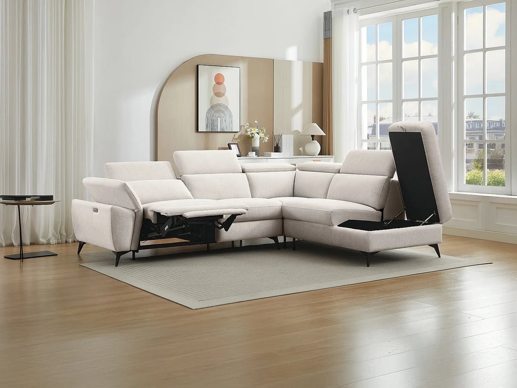Cadilo canapé d'angle droit 5 places tissu chiné beige relax électrique - Vue supplémentaire 2