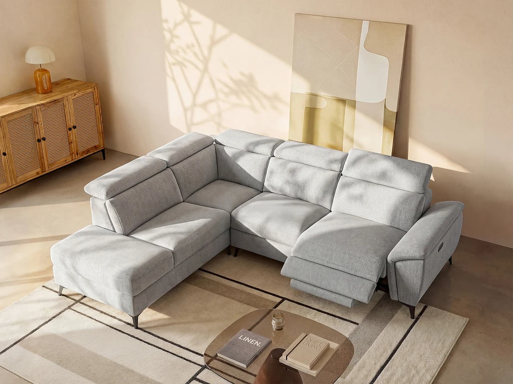 Canapé d'angle gauche relax électrique en tissu chiné gris clair CADILO