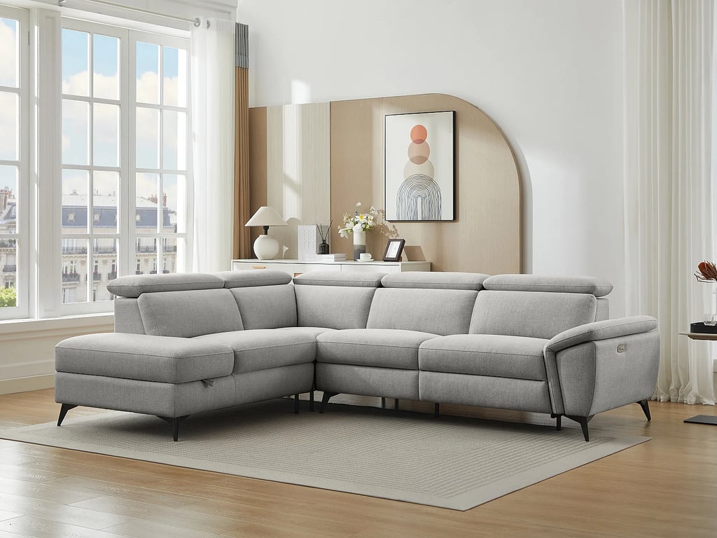 Cadilo canapé d'angle gauche 5 places tissu chiné gris clair relax électrique - Vue supplémentaire 1