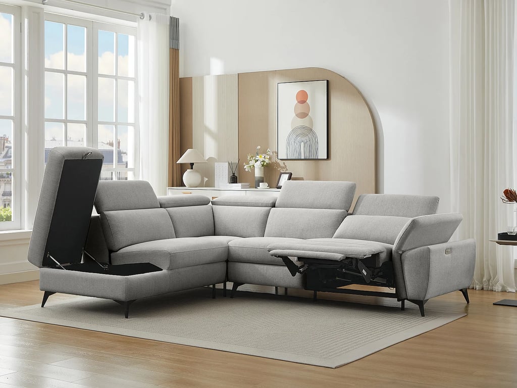 Cadilo canapé d'angle gauche 5 places tissu chiné gris clair relax électrique - Vue supplémentaire 2