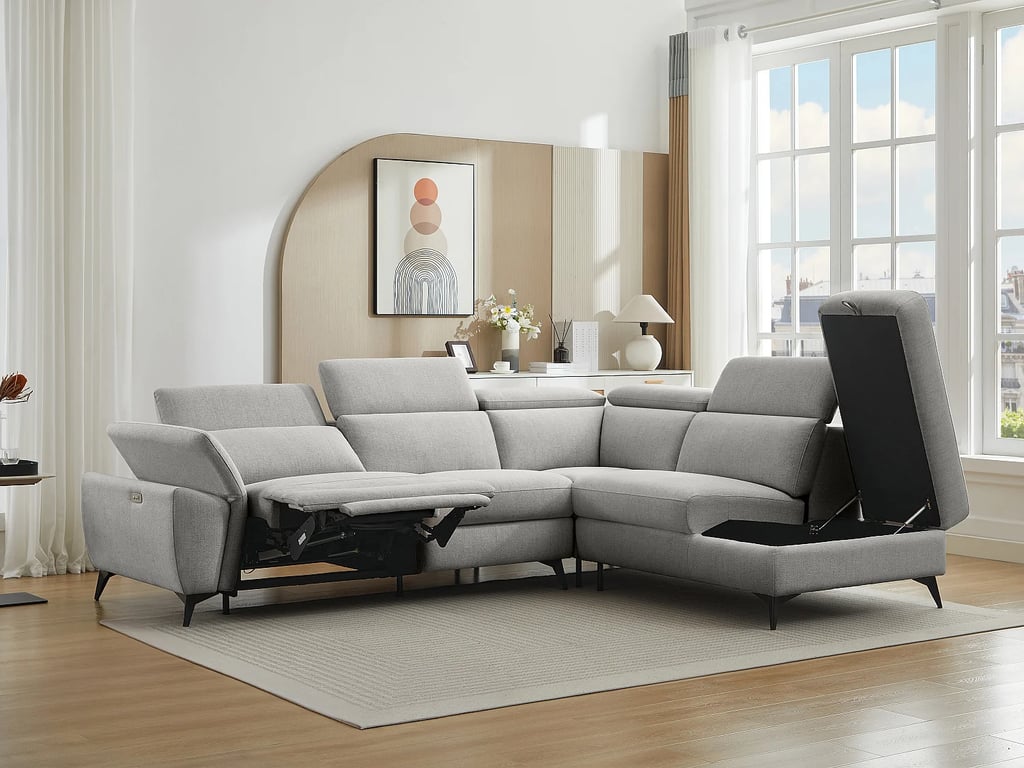 Cadilo canapé d'angle droit 5 places tissu chiné clair gris relax électrique - Vue supplémentaire 2