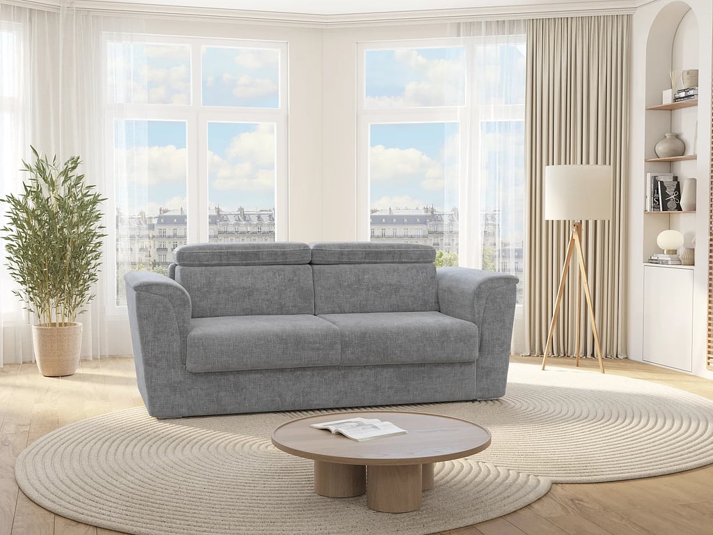 Canapé 4 places convertible express en tissu texturé gris - Couchage 160 cm - Matelas 22 cm avec mémoire de forme - RIZORA