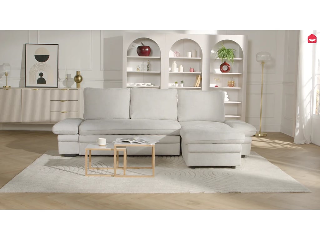 Siviara canapé d'angle convertible réversible 4 places tissu chenille beige - Vue supplémentaire 1
