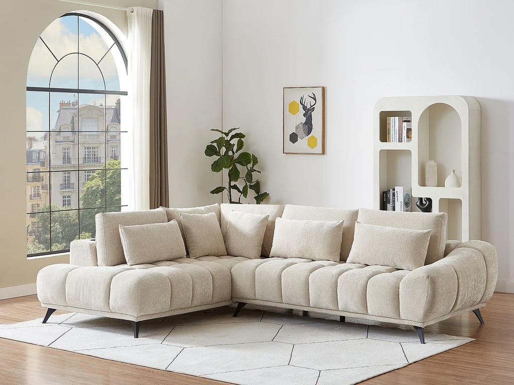 Canapé d'angle gauche avec dossier relevable en velours texturé beige MAVIRO