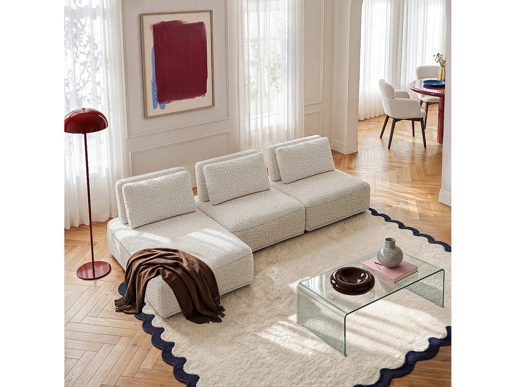 Habitat - Canapé 3 places modulable en tissu bouclette avec dossier avance-recule - Gris perle - Rudolf