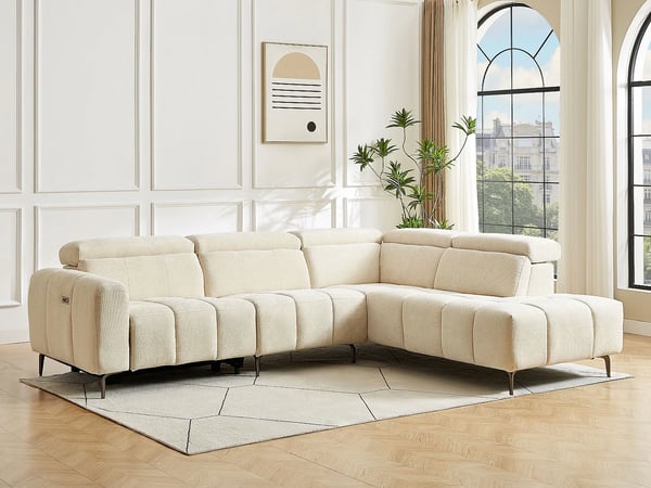 Caldoria canapé d'angle droit 6 places tissu texturé beige relax électrique