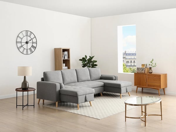 Kori canapé panoramique convertible 5 places tissu gris clair