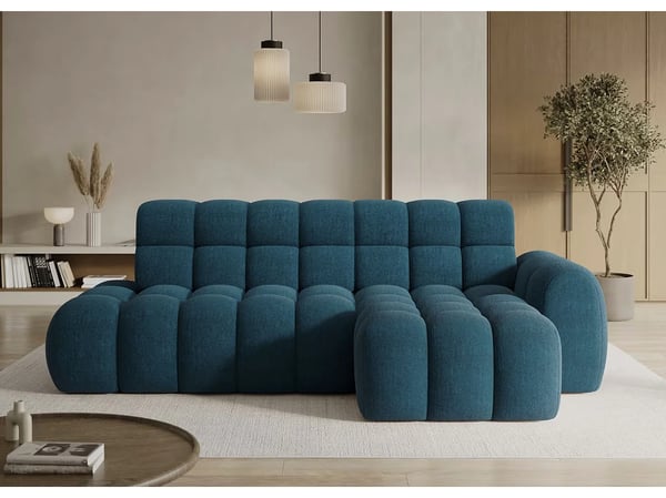 Kindo - Canapé d'angle convertible 4 places tissu bleu canard assise coulissante électrique