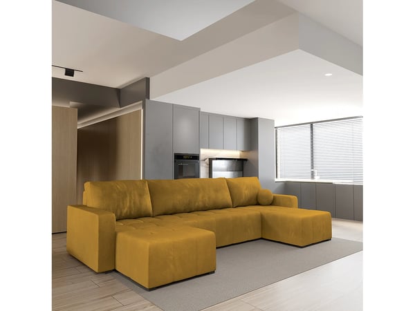 Tolari canapé panoramique convertible 5 places tissu bouclette jaune