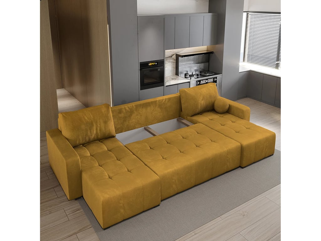 Tolari canapé panoramique convertible 5 places tissu bouclette jaune - Vue supplémentaire 2