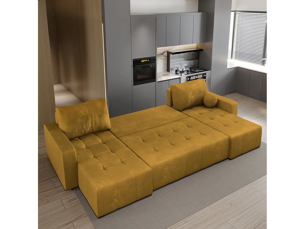 Tolari canapé panoramique convertible 5 places tissu bouclette jaune - Vue supplémentaire 3