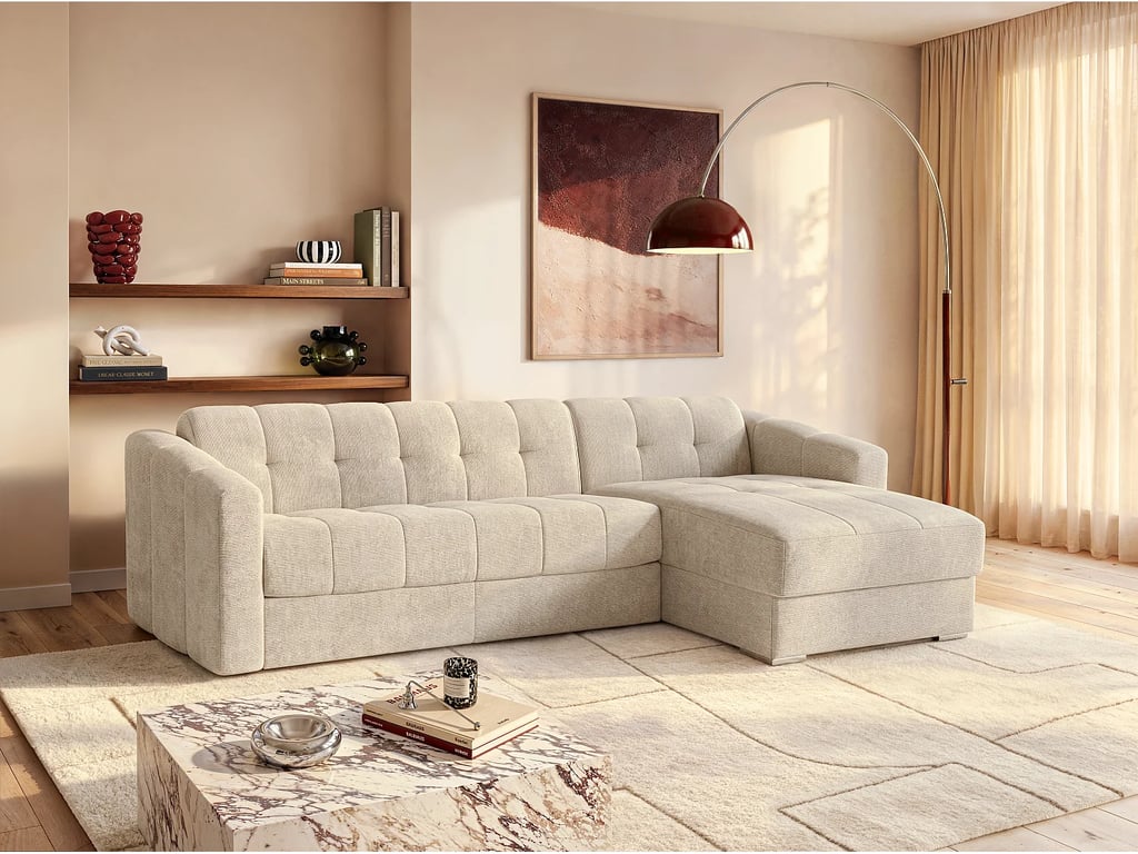 Canapé d'angle réversible convertible express en tissu texturé beige - Couchage lattes larges 160 cm - Matelas 22 cm avec mémoire de forme - DARIELO