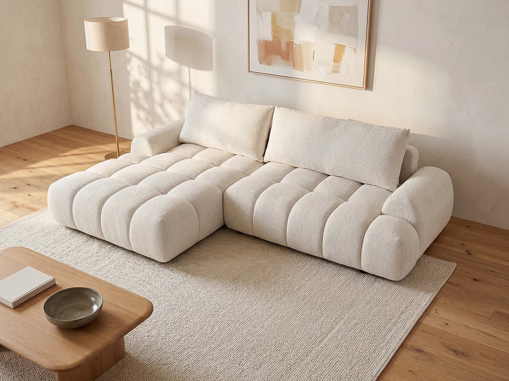 Canapé d'angle gauche convertible en tissu chenille beige FARNETA
