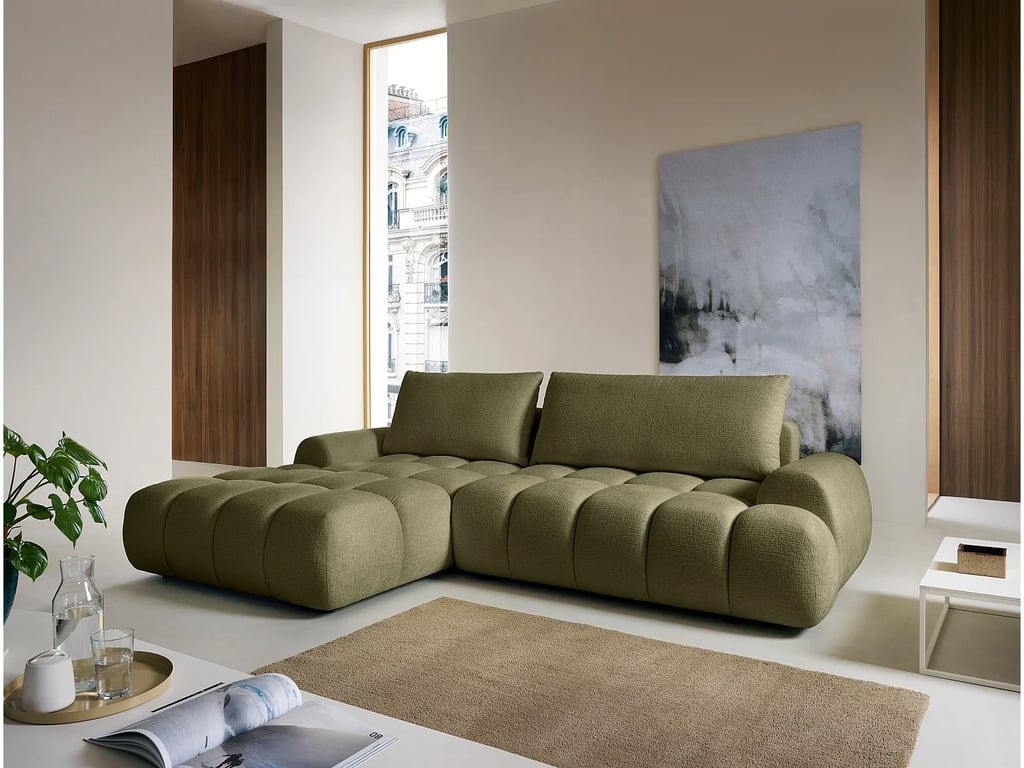 Canapé d'angle gauche convertible en tissu chenille vert FARNETA