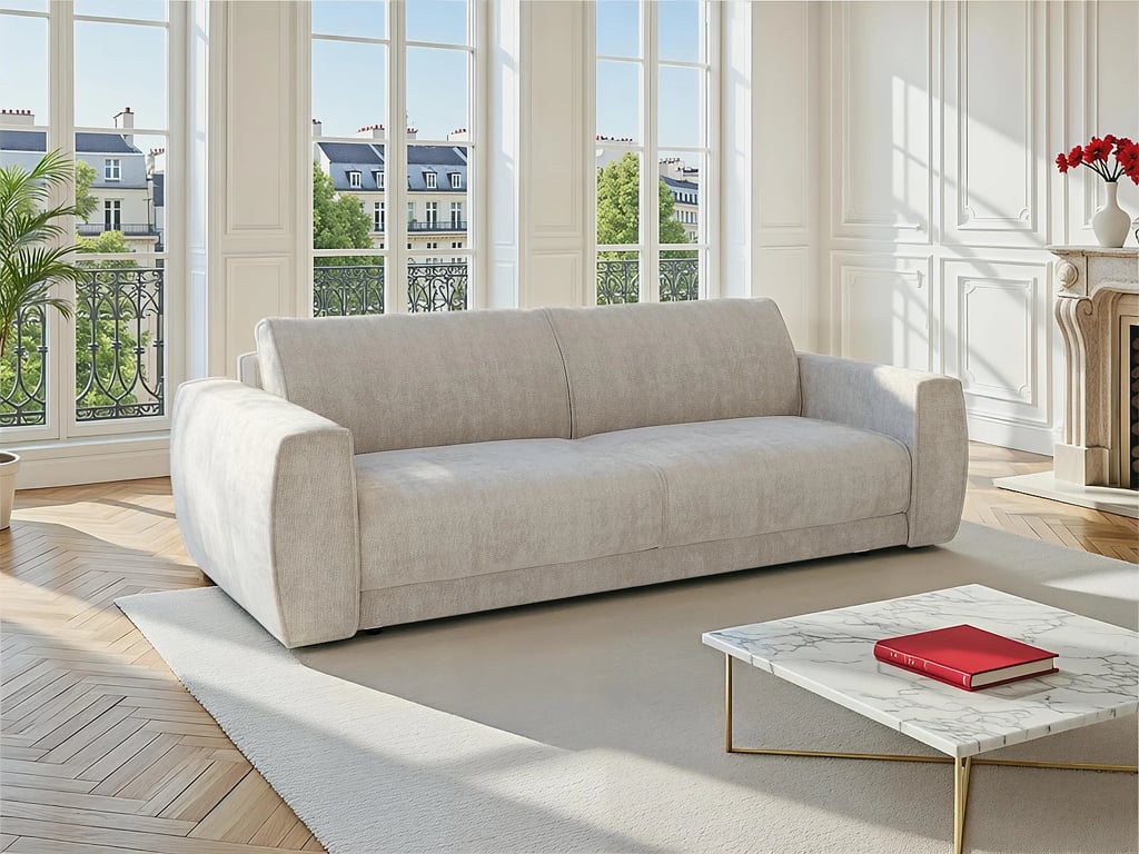 Canapé 3 places convertible express en tissu chenille beige - Couchage 140 cm - Matelas 13 cm VOMERA de Maison Céphy