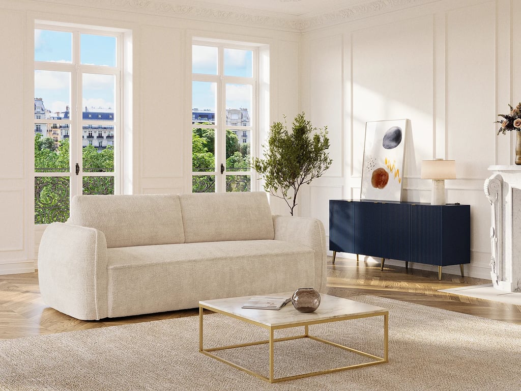 Canapé 3 places convertible express en tissu chenille beige - Couchage 140 cm - Matelas 16 cm SELIVO de Maison Céphy