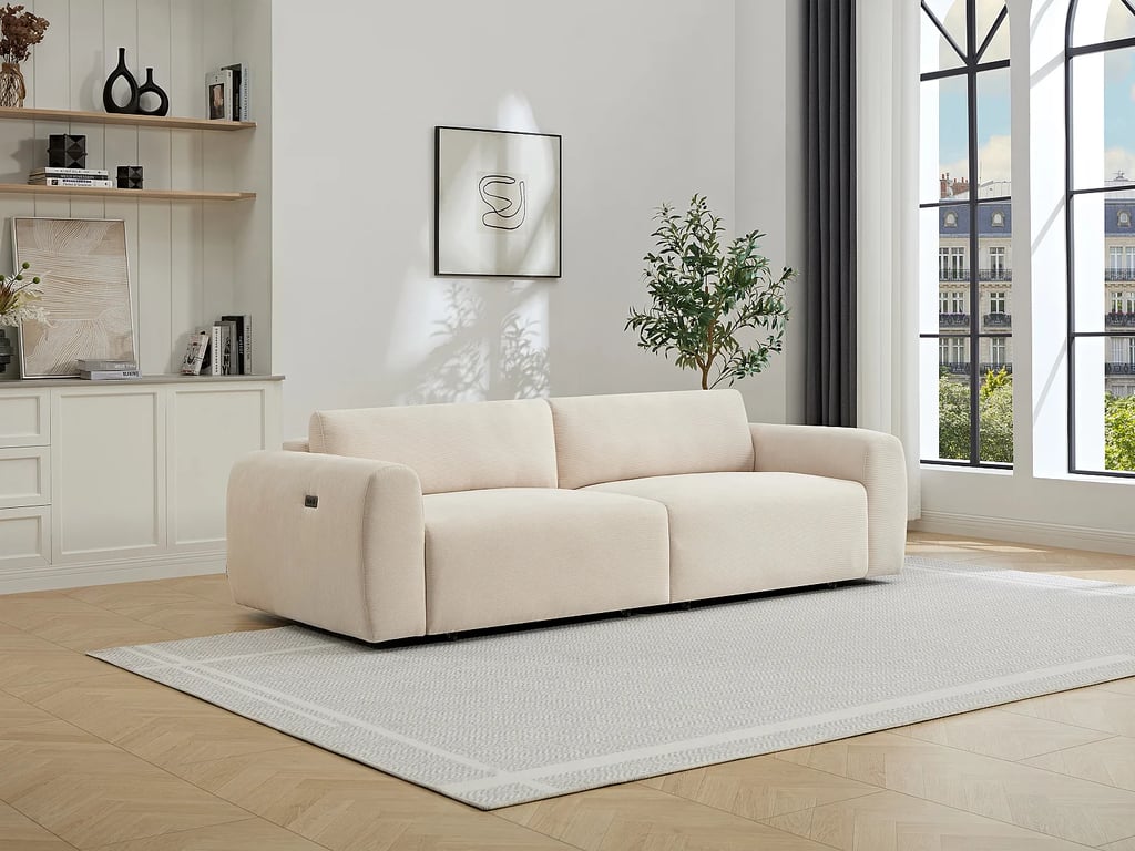 Canapé 4 places avec assise coulissante électrique en velours côtelé fines côtes beige PASTARO