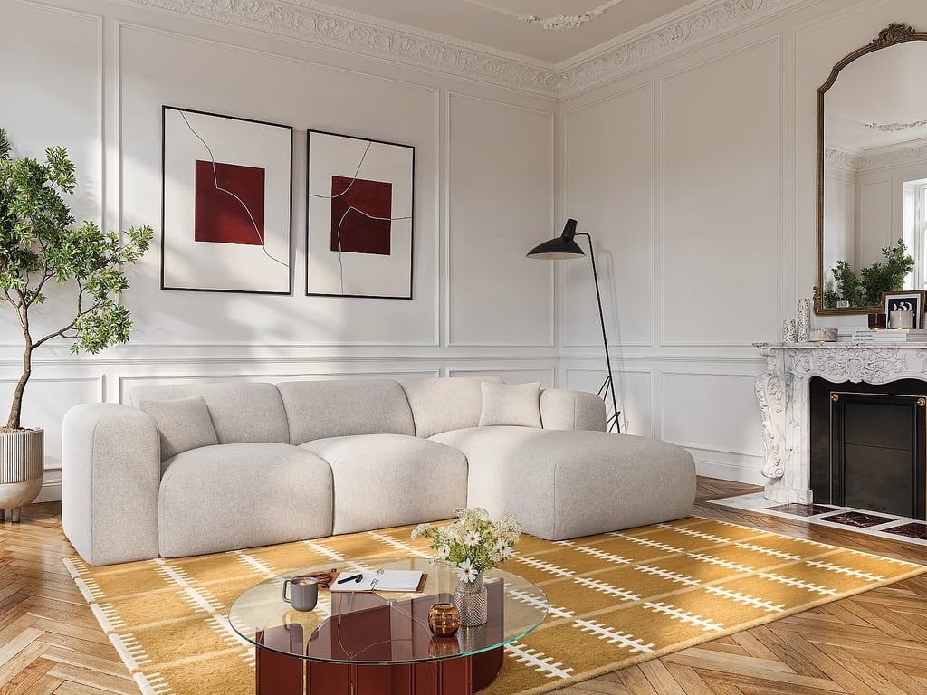 Produit similaire: Pogni canapé d'angle convertible droit 5 places tissu chiné beige