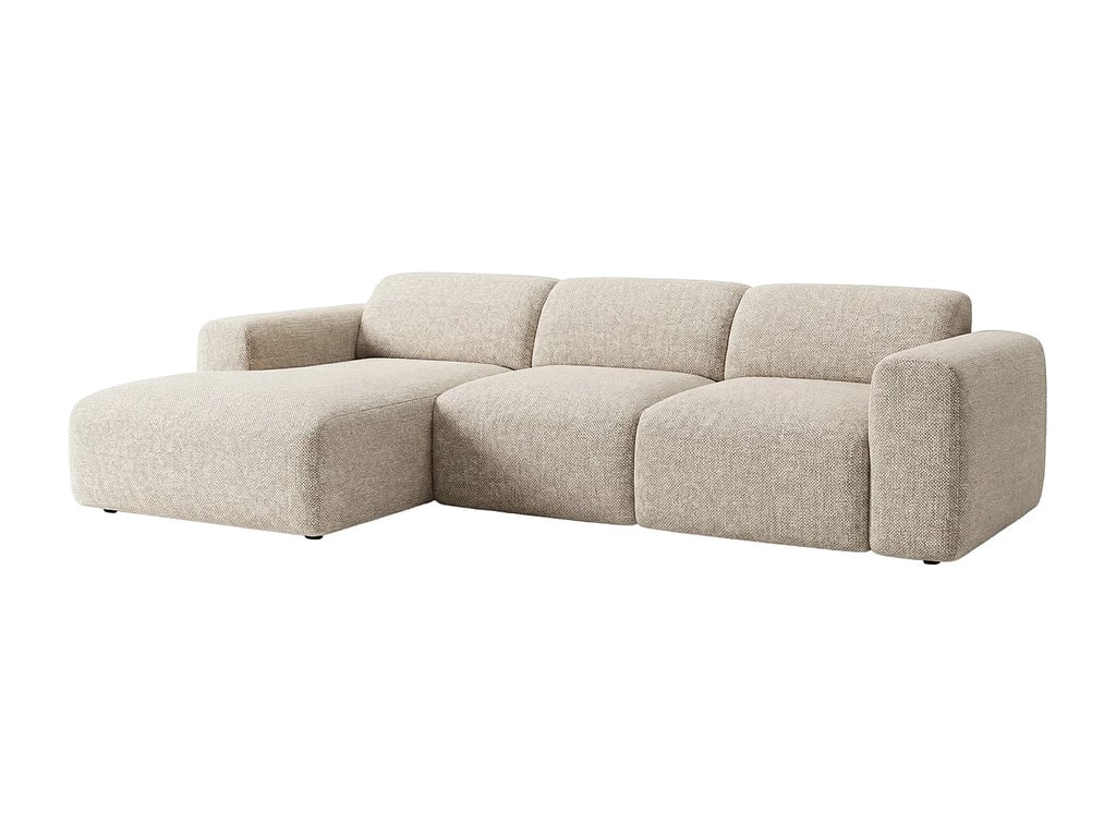 Grand canapé d'angle gauche avec assise coulissante électrique en tissu beige POGNI de Maison Céphy