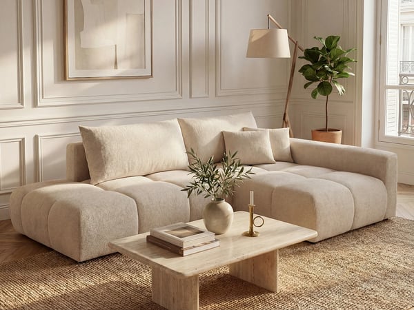 Minturno canapé d'angle convertible droit 5 places tissu texturé beige