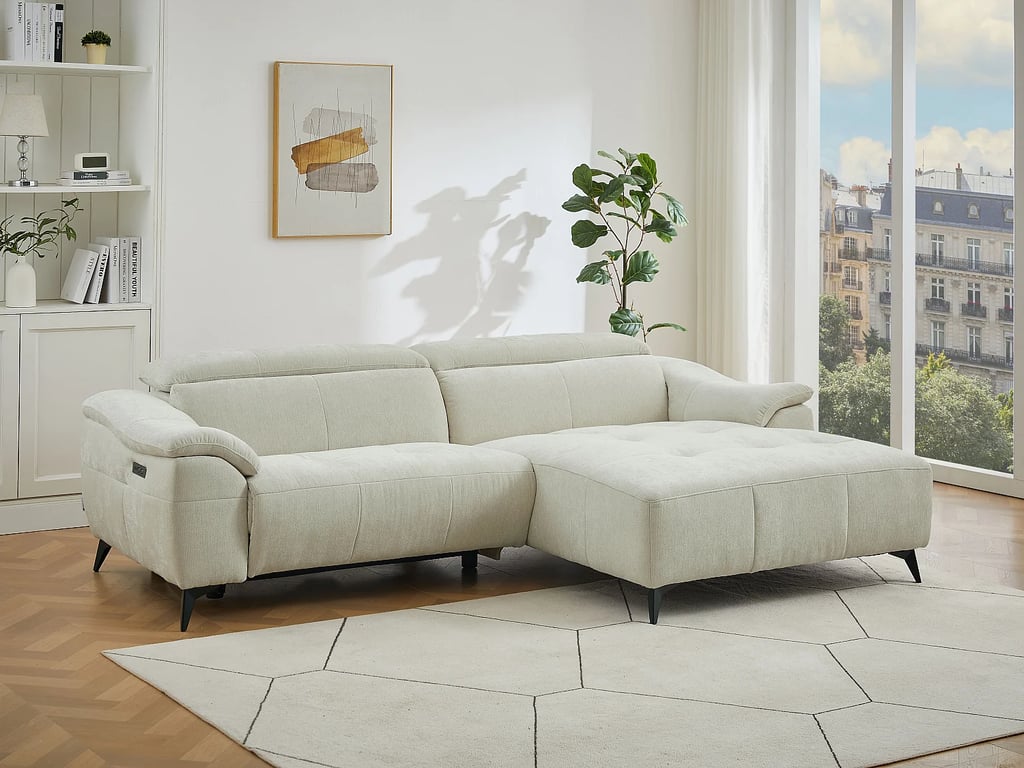 Canapé d'angle droit relax électrique en tissu texturé blanc cassé CLIMOTA