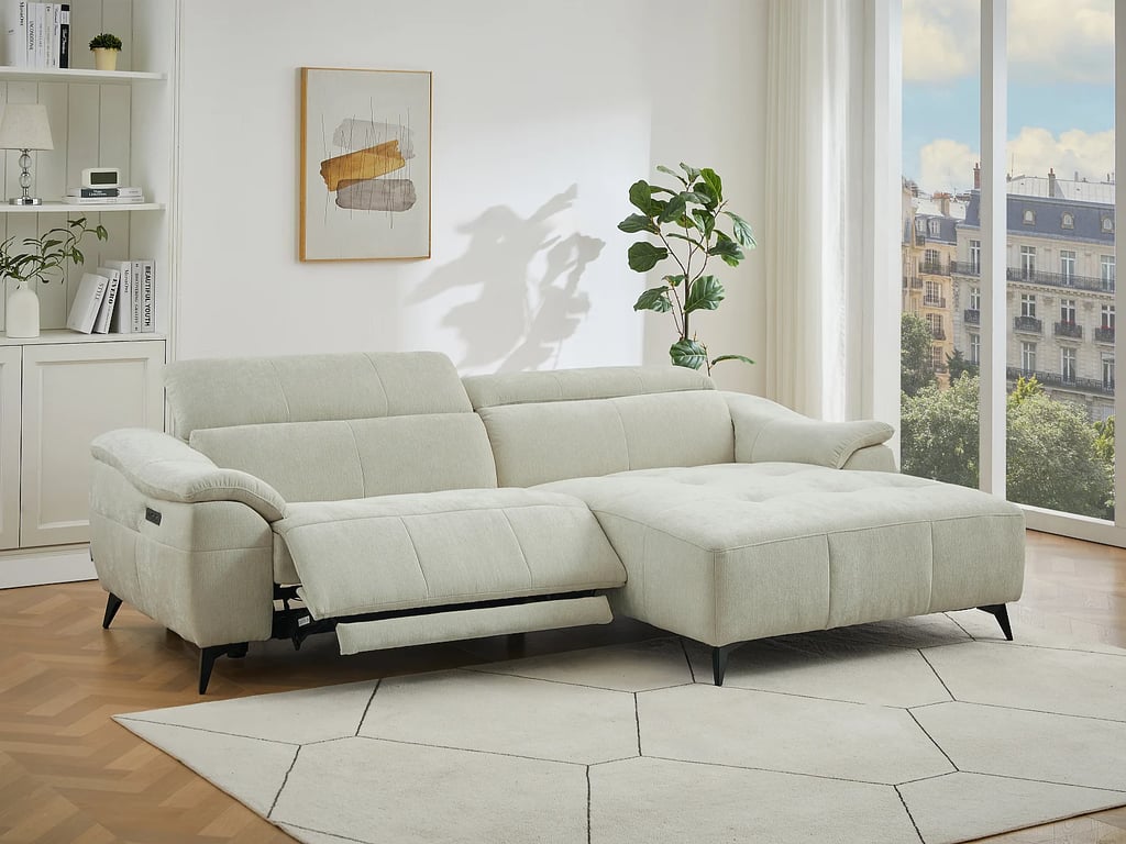 Climota canapé d'angle droit 4 places tissu texturé blanc cassé relax électrique - Vue supplémentaire 1