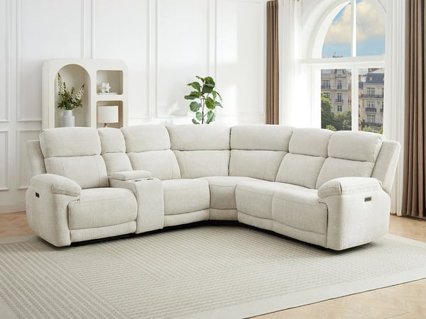 Keluno canapé d'angle 6 places tissu chiné beige relax électrique
