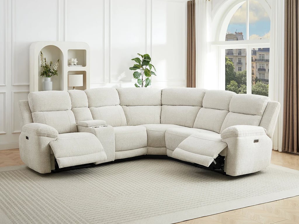 Keluno canapé d'angle 6 places tissu chiné beige relax électrique - Vue supplémentaire 1
