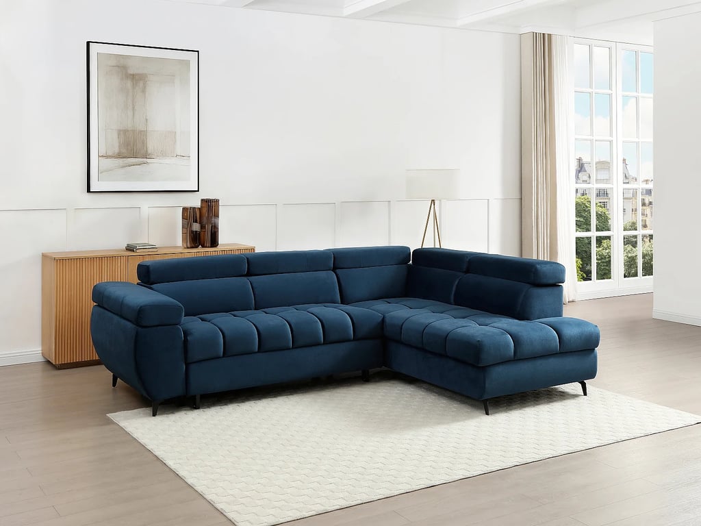 Canapé d'angle droit convertible en velours bleu NIACATO