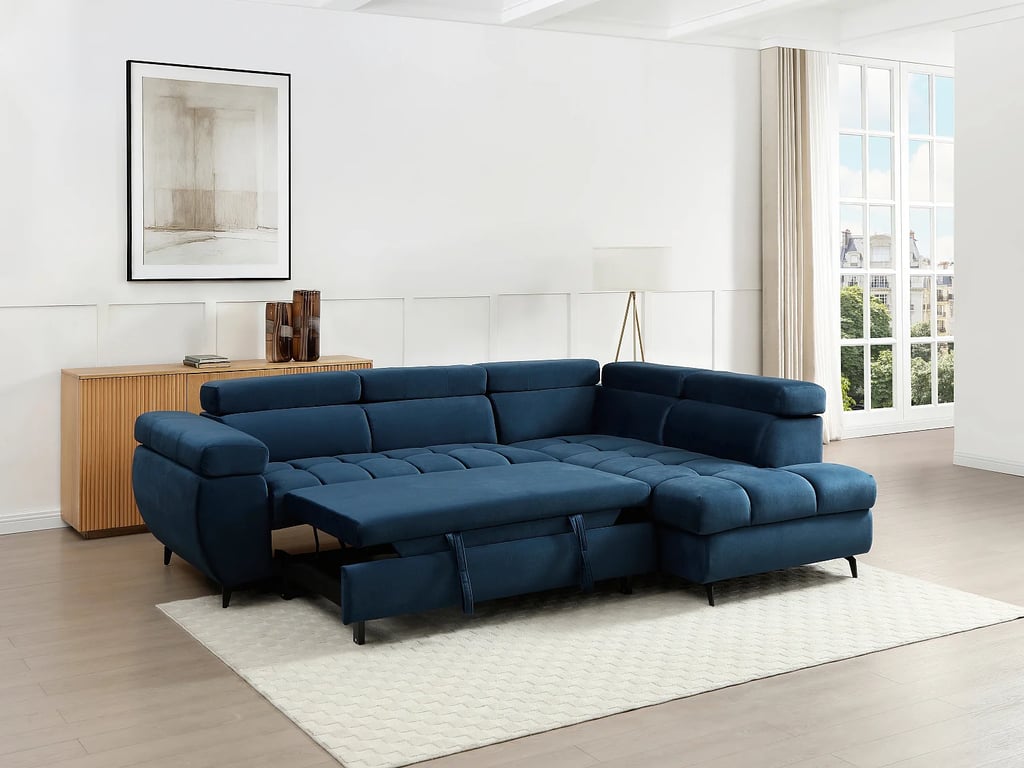 Niacato canapé d'angle convertible droit 5 places velours bleu - Vue supplémentaire 1