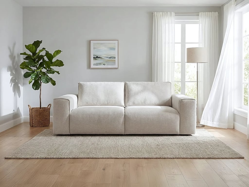 Canapé 3 places convertible express en tissu texturé beige - Couchage 140 cm Matelas 16 cm POGLO