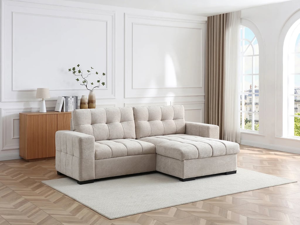 Canapé d'angle convertible et réversible en tissu texturé beige BRISAMA
