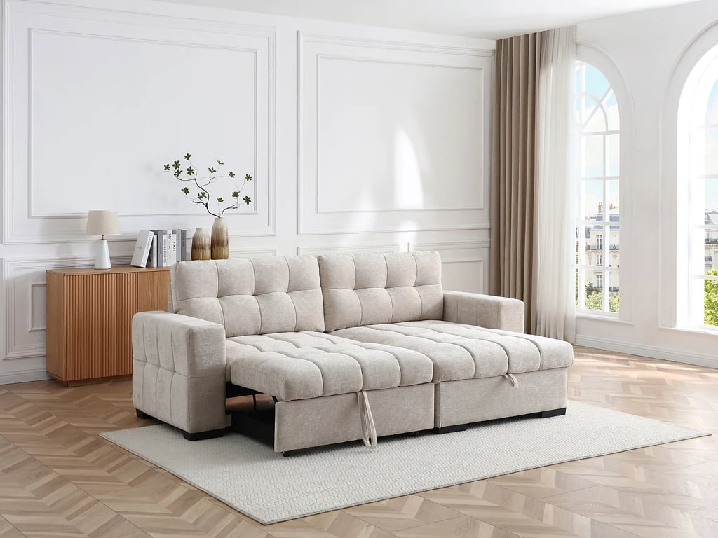 Brisama canapé d'angle convertible réversible 4 places tissu texturé beige - Vue supplémentaire 1