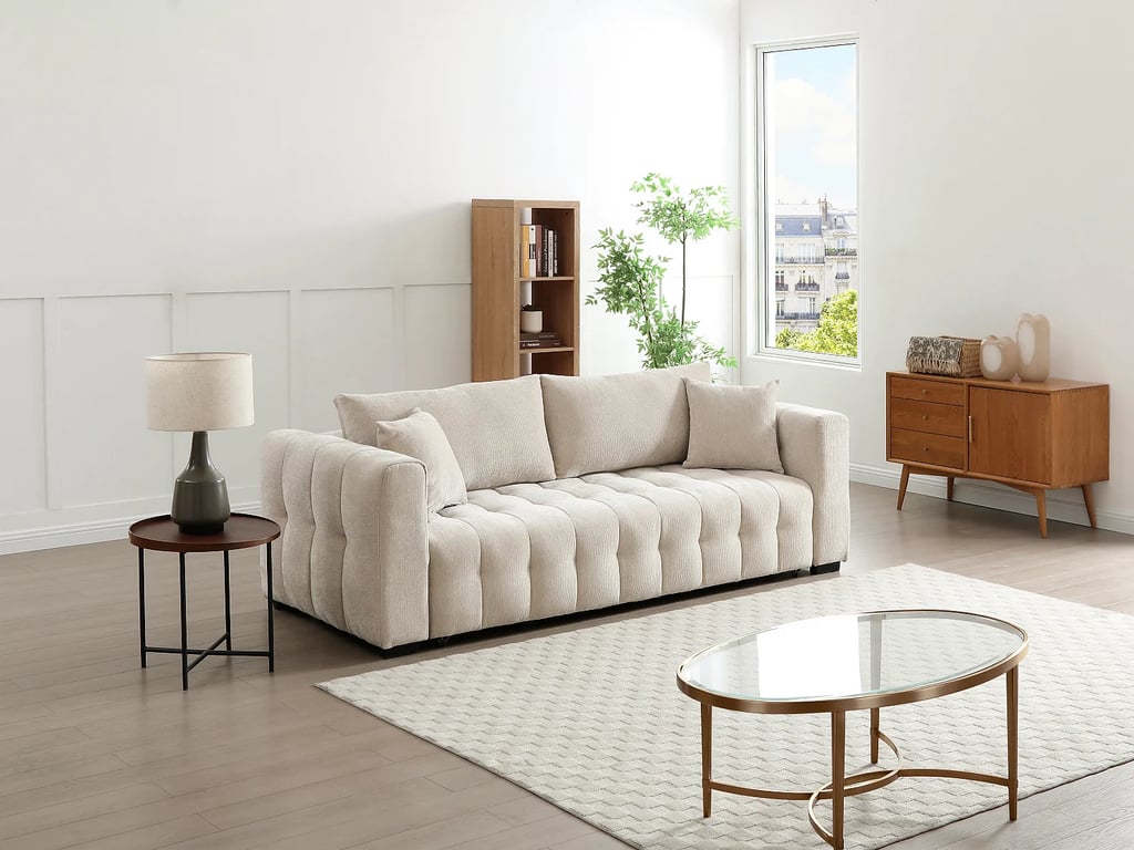 Canapé 3 places convertible en tissu texturé beige PANILO