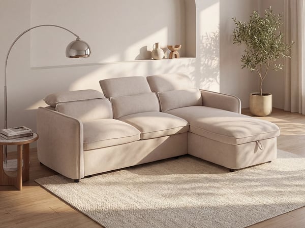 Manuko canapé d'angle convertible réversible 5 places tissu beige