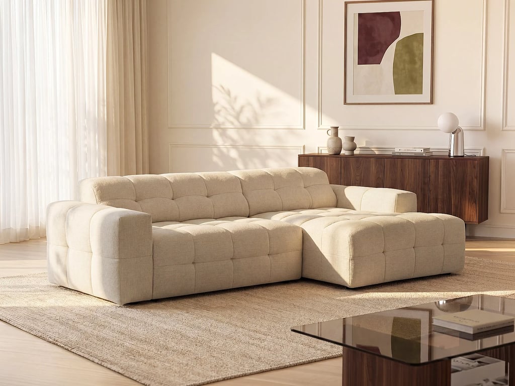 Canapé d'angle droit avec assise coulissante électrique en tissu chenille beige VIKONO