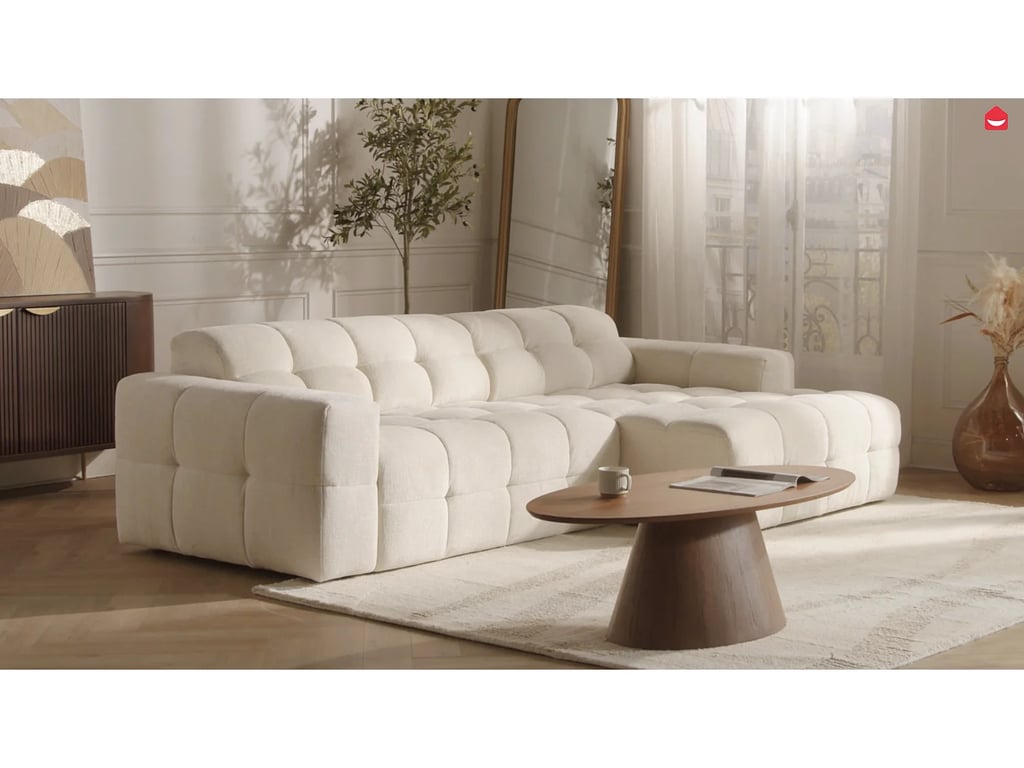 Vikono - Canapé d'angle droit 4 places chenille beige assise coulissante électrique - Vue supplémentaire 3