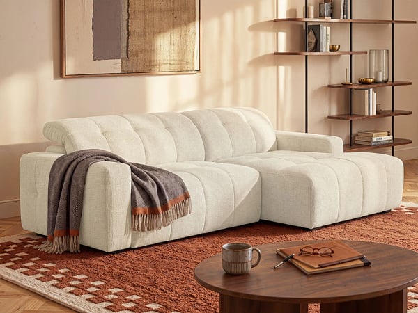 Clemiga - Canapé d'angle droit 3 places chenille beige assise coulissante électrique