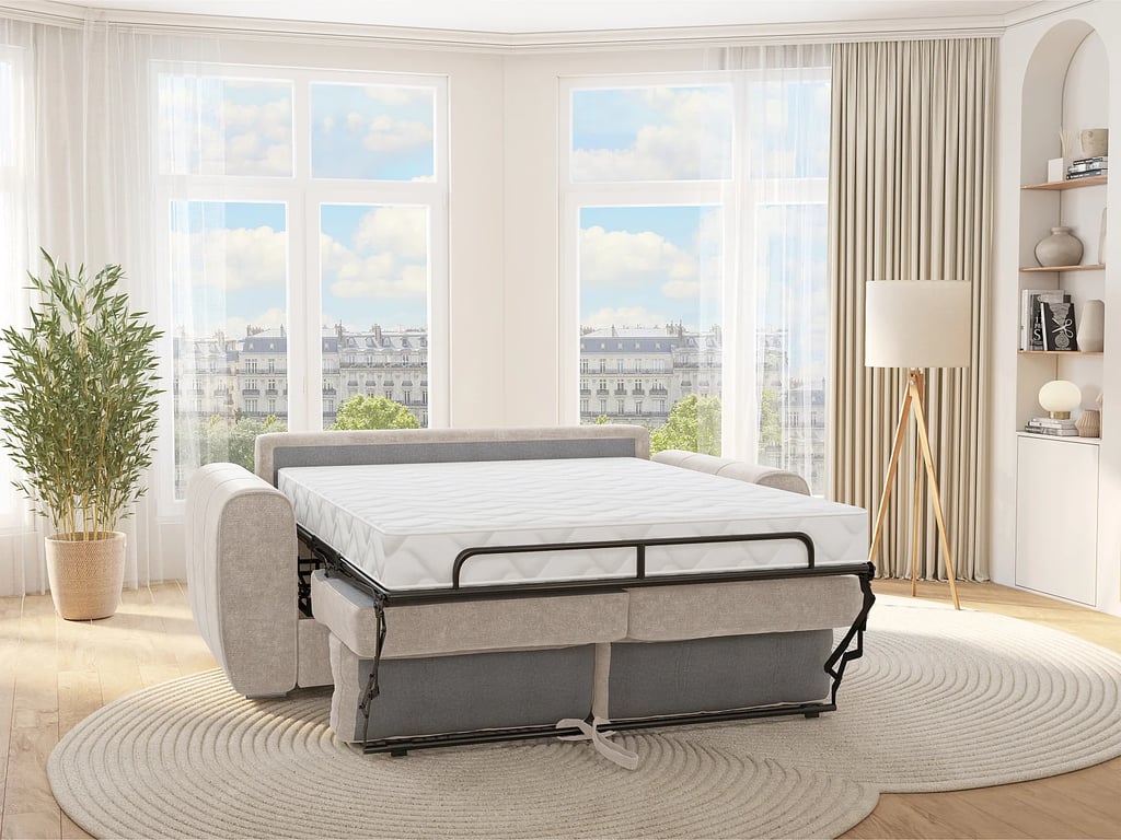 Bolipo canapé convertible 4 places tissu beige lattes larges - Vue supplémentaire 1