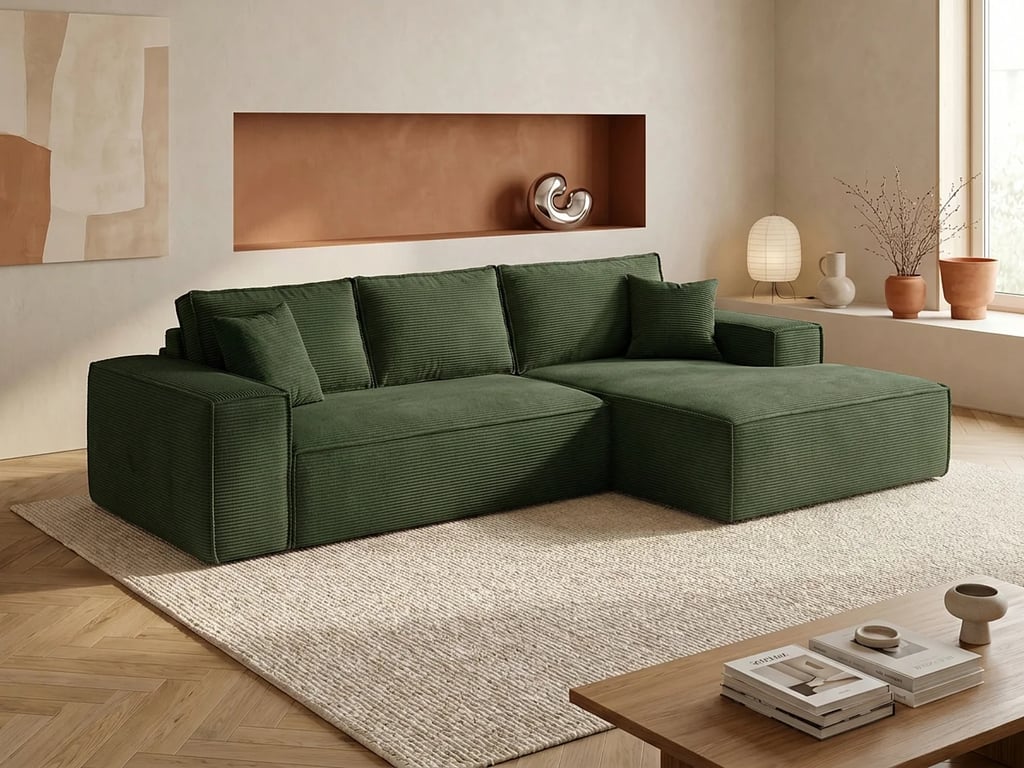 Canapé d'angle gauche convertible express en velours côtelé vert sapin - Couchage 140 cm - Matelas 13 cm avec mémoire de forme - AMELIA
