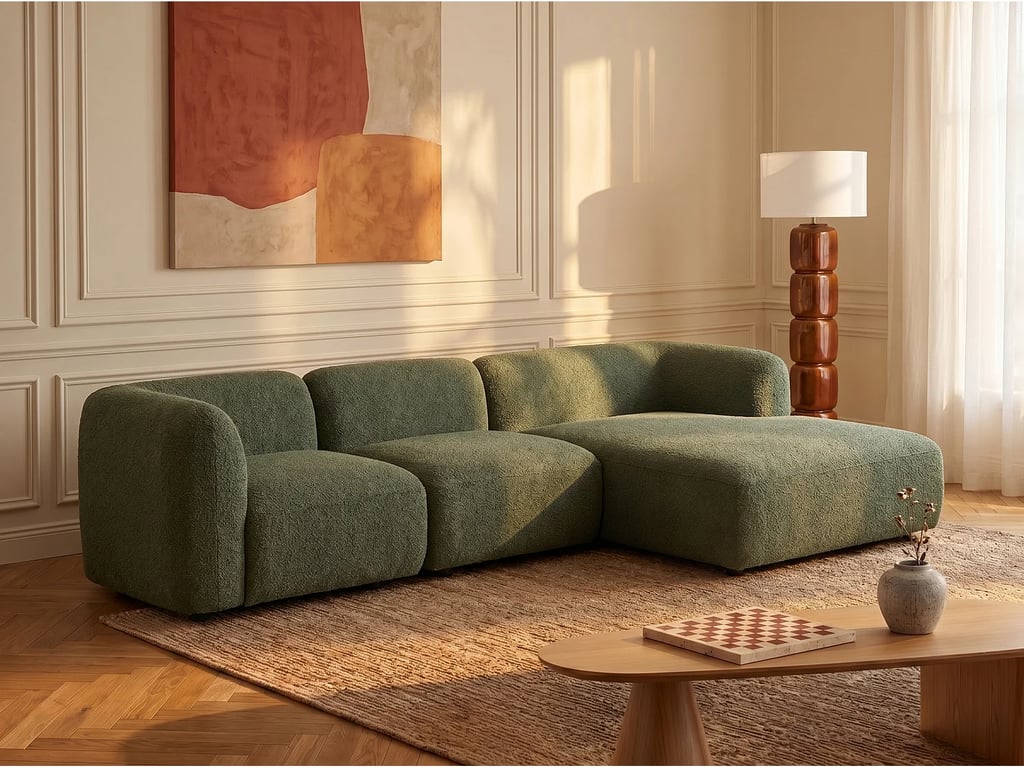 Canapé d'angle droit modulable en tissu bouclette vert DANEPI