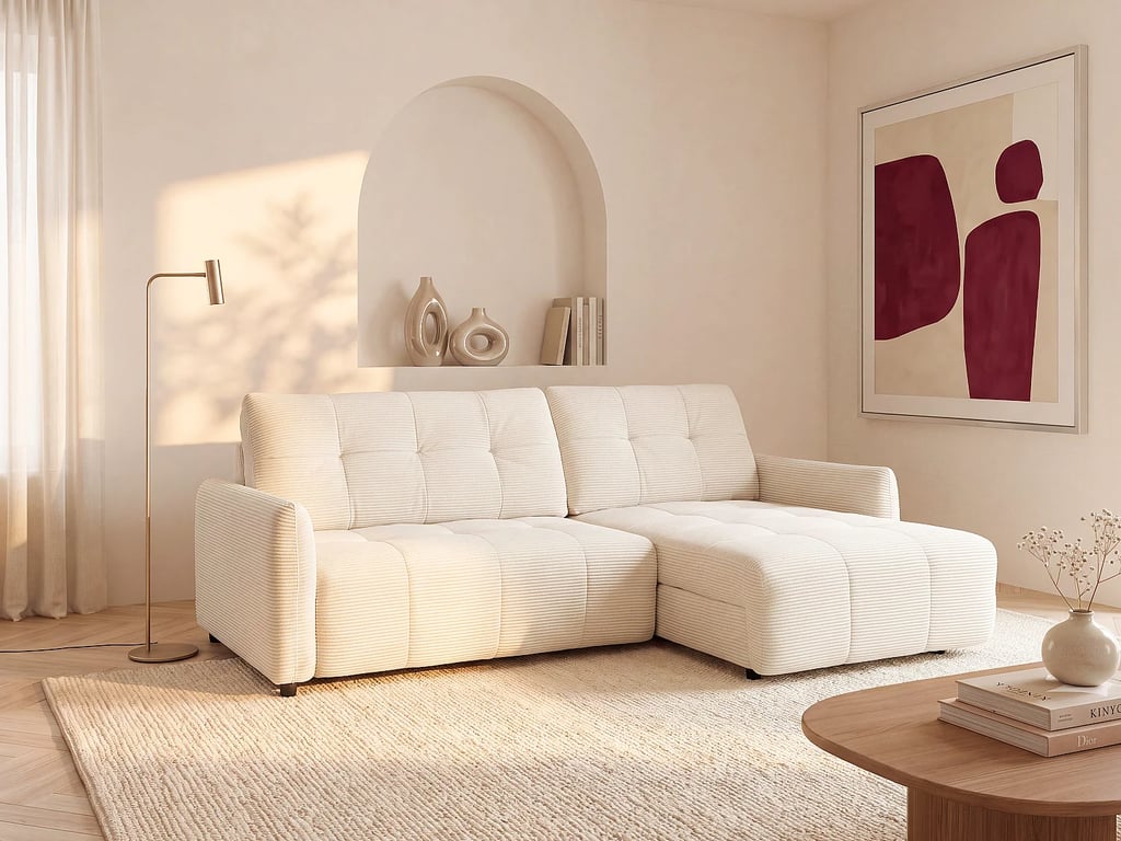 Canapé d'angle réversible avec assise coulissante électrique en velours côtelé beige NELUNI